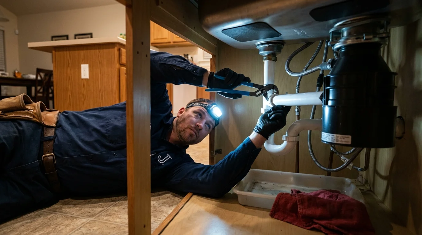 P-trap and supply line connections under a kitchen sink showing a common leak point in Milpitas, CA